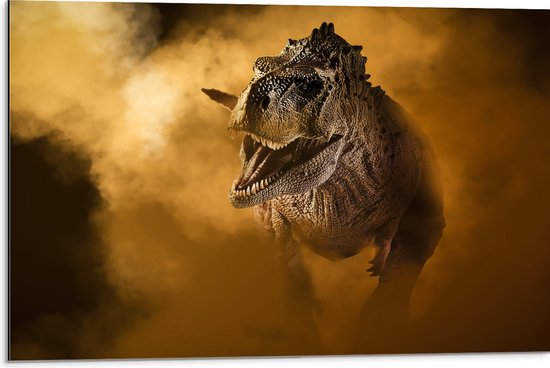 Dibond - Angstaanjagend T-rex Dinosaurs vanuit Oranje Mist - 75x50 cm Foto op Aluminium (Met Ophangsysteem)