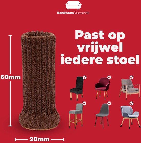 Bruine gebreide stoelpoot sok van 60mm hoog en 20mm breed. Past op diverse stoelen.