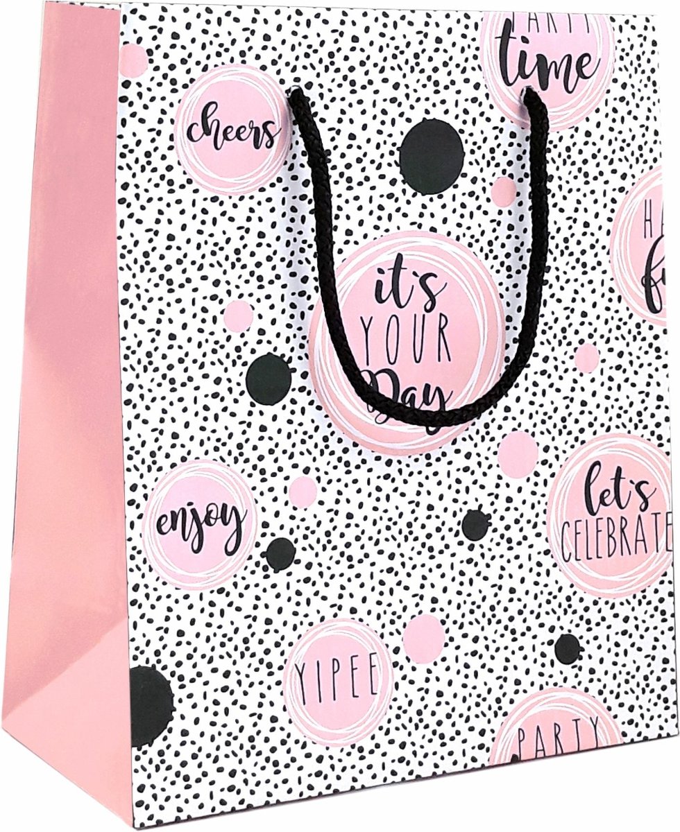 Luxe Cadeautas Met koord - 24 x 10 x 33,5 cm - Party Time - Zwart Roze- 12 Stuks