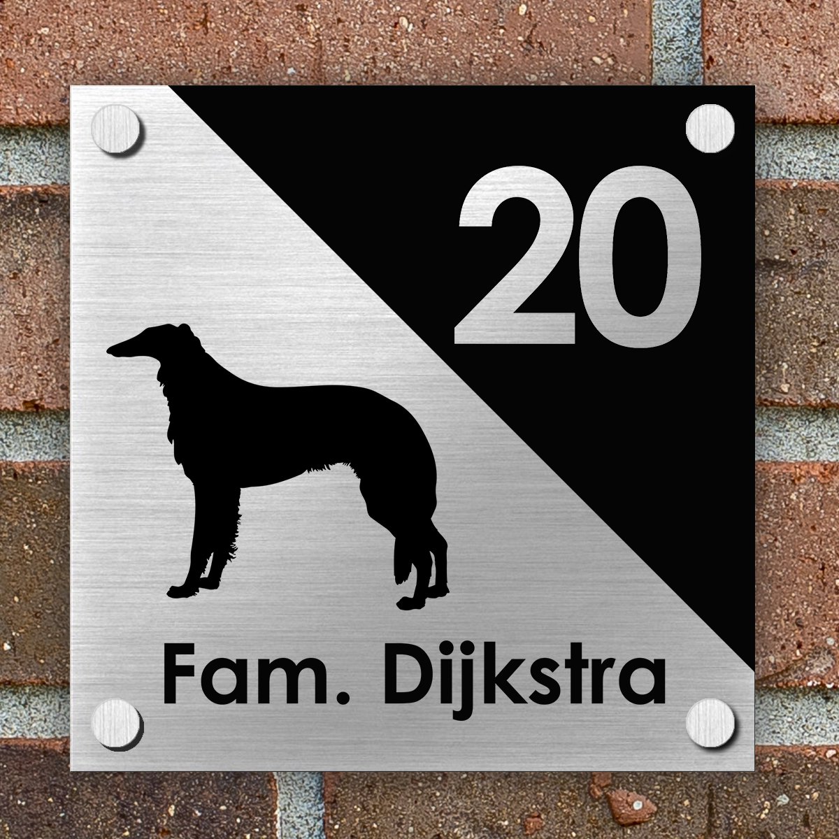 Naambordje voordeur Huis - Bord - Naam en Huisnummer - 15 x 15 cm - Brushed Aluminium - Hond