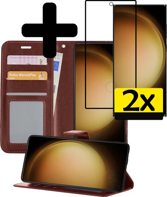 Étui livre marron avec porte-cartes, 2x protecteurs d'écran et téléphone.