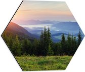 Dibond Hexagon - Ondergaande Zon in een Landschap vol Bergen - 40x34.8 cm Foto op Hexagon (Met Ophangsysteem)