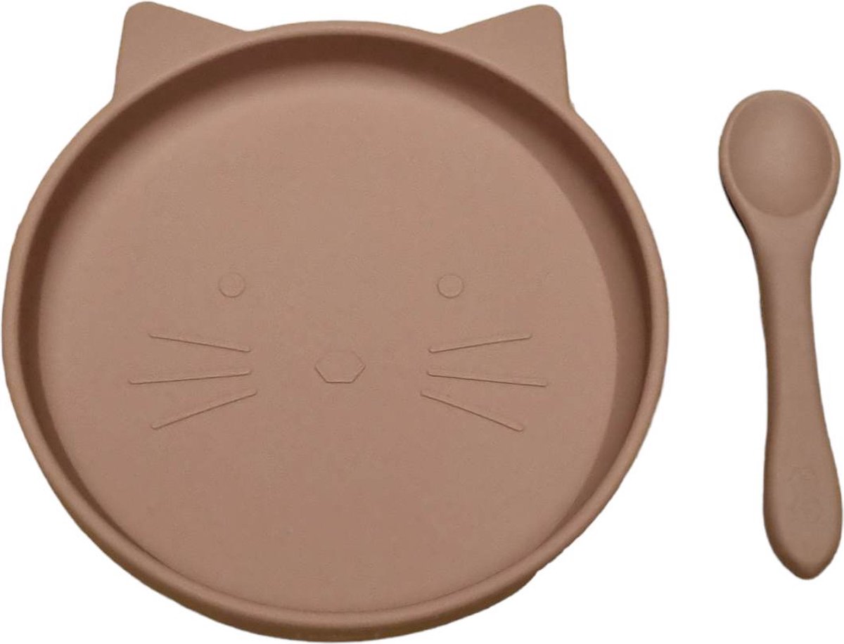 Goedkoopste JU&MP Bord Zuignap Poes met Babylepel - Baby - Kinderservies - Kinderbord - Onbreekbaar - Roze