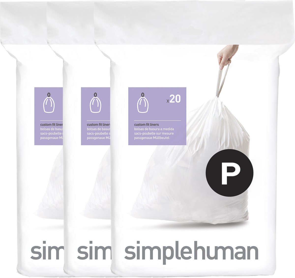 Simplehuman Code P Afvalzakken - 60 liter - 60 stuks - met Trekband - Wit
