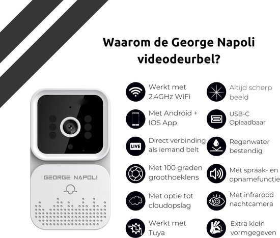 George Napoli Video Deurbel - Draadloze Deurbel – Deurbel met Camera - WiFi Deurbel - Infrarood - USB C Oplaadbaar - Met gong - Wit