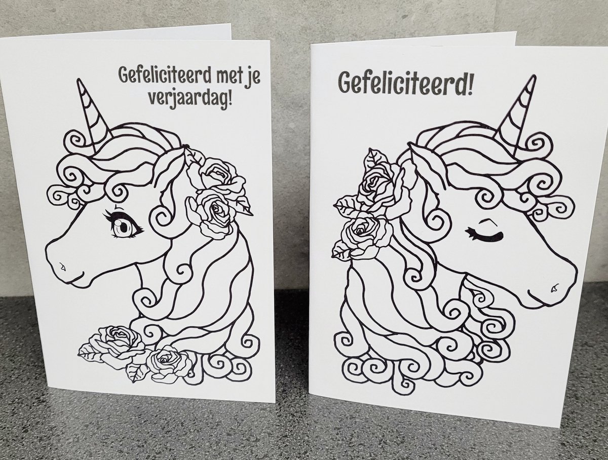 20 DUBBELE Verjaardag Wenskaarten met EENHOORNS Unicorns Kleurplaten
