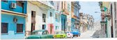 Acrylglas - Gekleurde Geparkeerde Auto's in Kleurrijke Straat - Cuba - 120x40 cm Foto op Acrylglas (Wanddecoratie op Acrylaat)