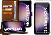 Hoesje geschikt voor Samsung Galaxy S23 - Screen Protector GlassGuard - Book Case Leer Pasjeshouder Bruin & Screenprotector