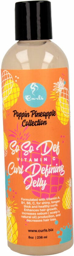 Oranje fles met ananasprint. Bevat 'So So Def Vitamin C Curl Defining Jelly'.