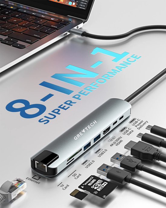 GREYTECH USB C Docking Station 8 in 1 met HDMI 4K, RJ45, USB