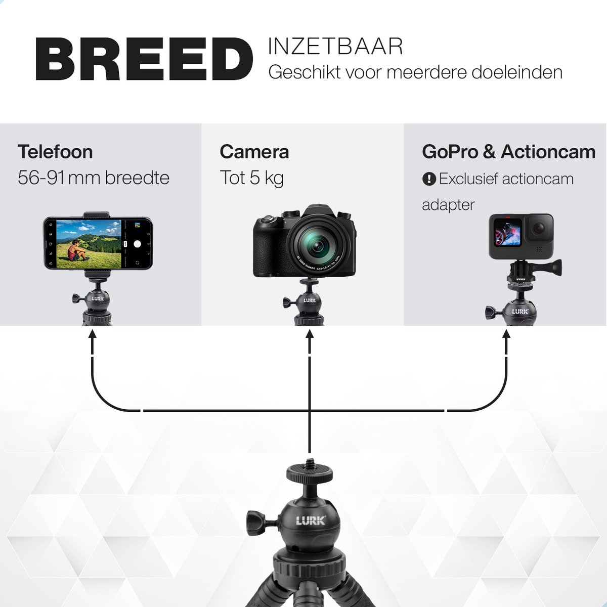 LURK® 3 in 1 Flexibele Octopus Tripod statief voor smartphone & (actie)camera - Incl. telefoonklem en bluetooth afstandsbediening  - 25 cm thumbnail 2