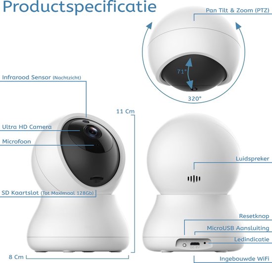 XOOZI Qt32 - Premium Babyfoon met Camera en App - Baby Monitor met Auto Tracking - Baby Camera - Huisdiercamera - WiFi 2,4 Ghz - Ultra HD - incl. 32GB Geheugenkaart