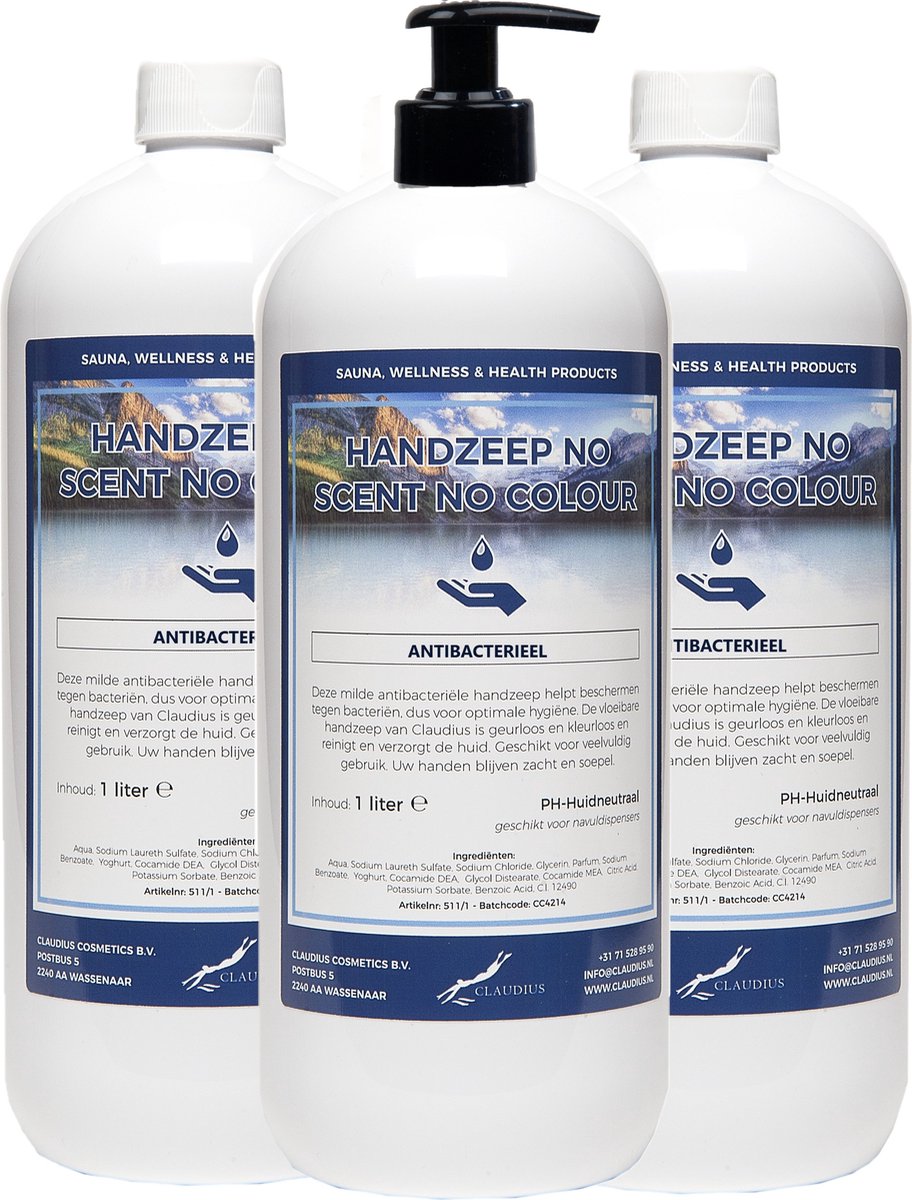 Goedkoopste Handzeep No Scent, No Colour 1 liter - met gratis pomp - set van 3 stuks