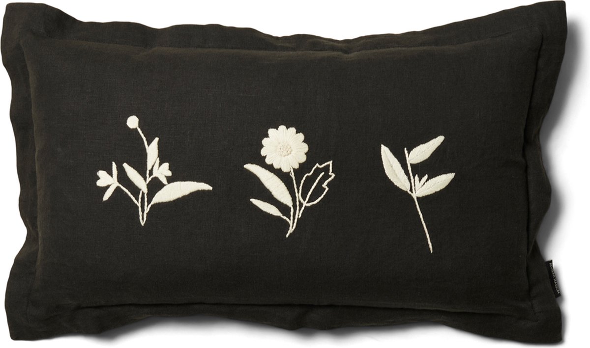 Riviera Maison kussenhoes, Kussensloop 50x30, Sierkussen bloemenprint - RM Zephyrus Pillow Cover - Zwart - Linnen