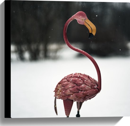 Canvas - Sierlijk Flamingo beeld in Winters Landschap - 40x40 cm Foto op Canvas Schilderij (Wanddecoratie op Canvas)