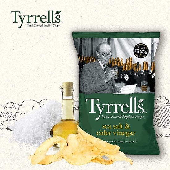Tyrrells chips, zout & cider azijn smaak. Ingrediënten: zout, cider azijn, olie en chips.