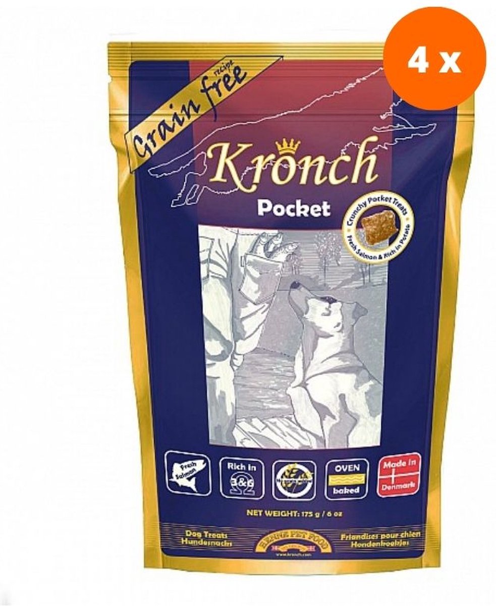 4 x Lakse Kronch Zalmsnacks Pockets | 76% Zalm voor Honden 175gr