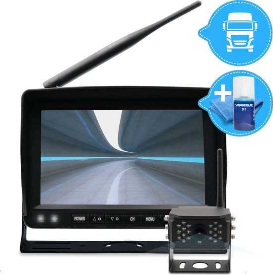 VECHTEL Achteruitrijcameraset, IPS HD, 9 inch, draadloos met 2 camera's, BSD/DVR, auto-achteruitrijcamera, draadloos, waterdicht IP68, met nachtzicht