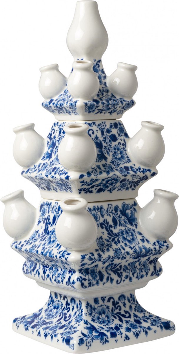 Heinen Delfts Blauw Tulpenvaas - Sierlijke Bloem - 3-delig - Keramiek - 40cm Blauw & Wit
