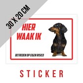 Sticker/ Waakbord Teckel | "Hier waak ik" | 30 x 20 cm | Langharige teckel | Waakhond | Hond | Chien | Dog | Betreden op eigen risico | Mijn huisdier | Permanente lijm | Rechthoek | Witte achtergrond | 1 stuk