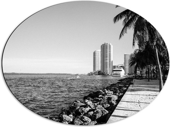 Dibond Ovaal - Palmbomen op het Strand met Uitzicht op Hoge Gebouwen Zwart/Wit - 68x51 cm Foto op Ovaal (Met Ophangsysteem)