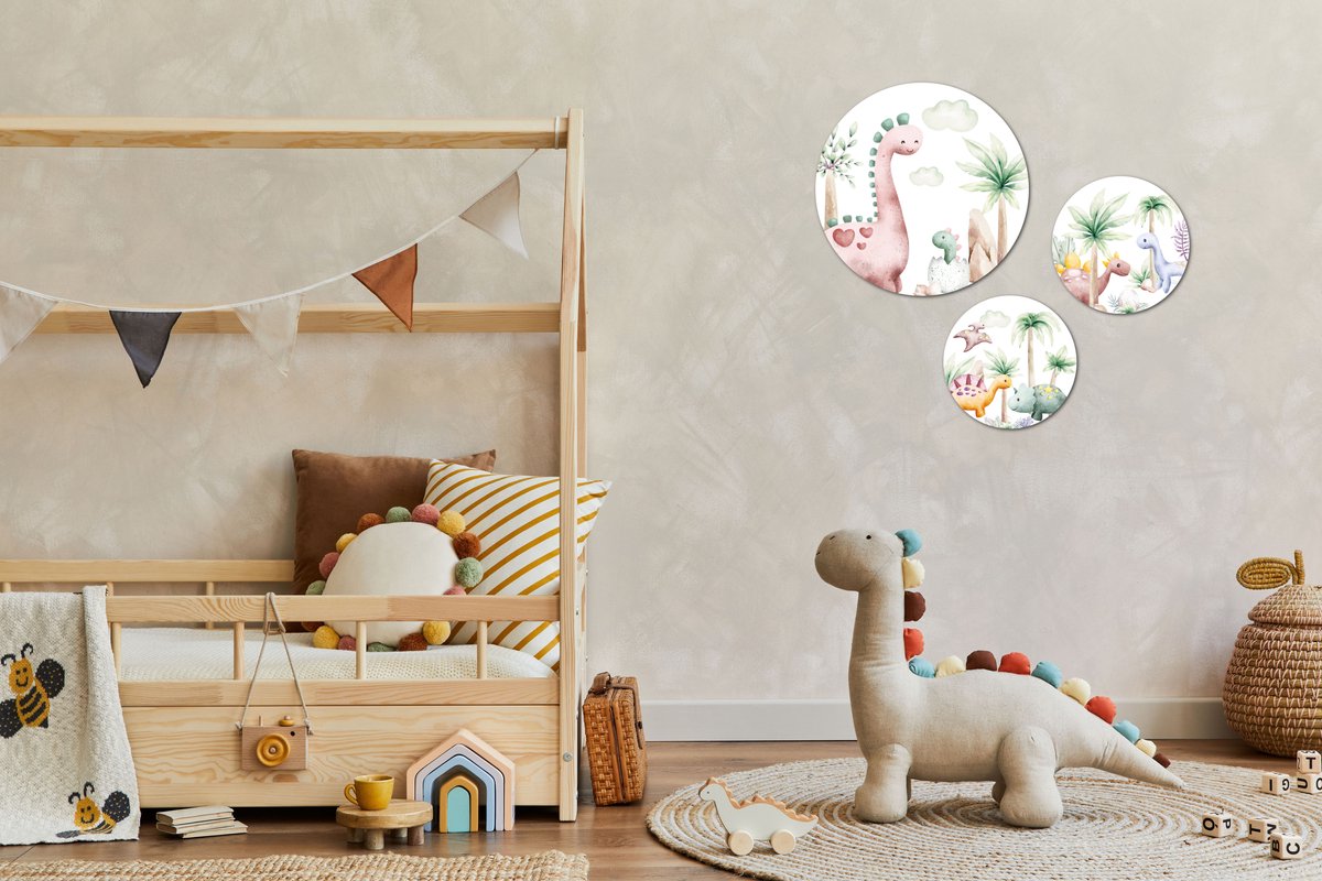 Muurcirkel / Wandcirkel dinosaurus thema klein - set van 3 muurcirkels - Decoratie kinderkamer / babykamer jongens & meisjes