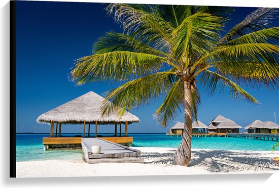 Canvas - Strandhuis op Zee - Malediven - 90x60 cm Foto op Canvas Schilderij (Wanddecoratie op Canvas)