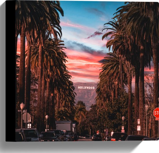 Canvas - Los Angeles Hollywood met Palmbomen - 30x30 cm Foto op Canvas Schilderij (Wanddecoratie op Canvas)