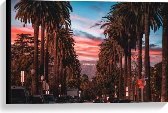 Canvas - Los Angeles Hollywood met Palmbomen - 60x40 cm Foto op Canvas Schilderij (Wanddecoratie op Canvas)