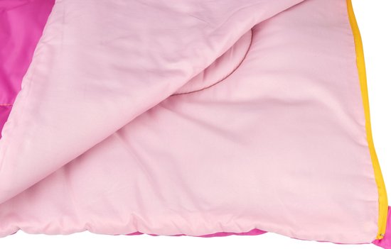 Binnenkant van een roze slaapzak met lichtroze, gewatteerde voering.