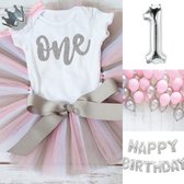 Cakesmash kleding en decoratie set Pink White Silver deLuxe 35-delig - 1e - eerste verjaardag - kinderkleding - decoratie - 1 - happy birthday