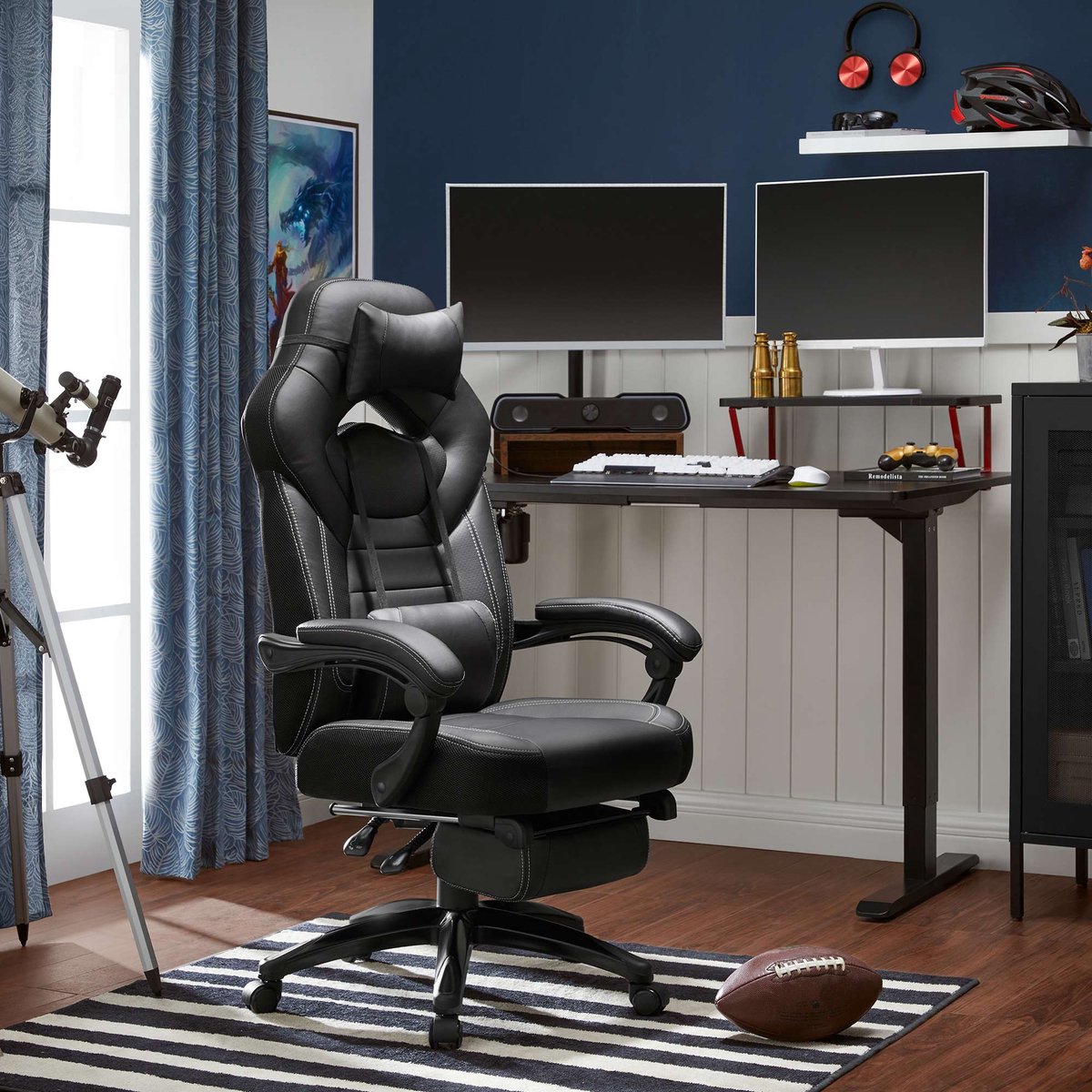 Gamestoel - Bureaustoel - Gamingchair - Met voetsteun en hoofdsteun - Zwart