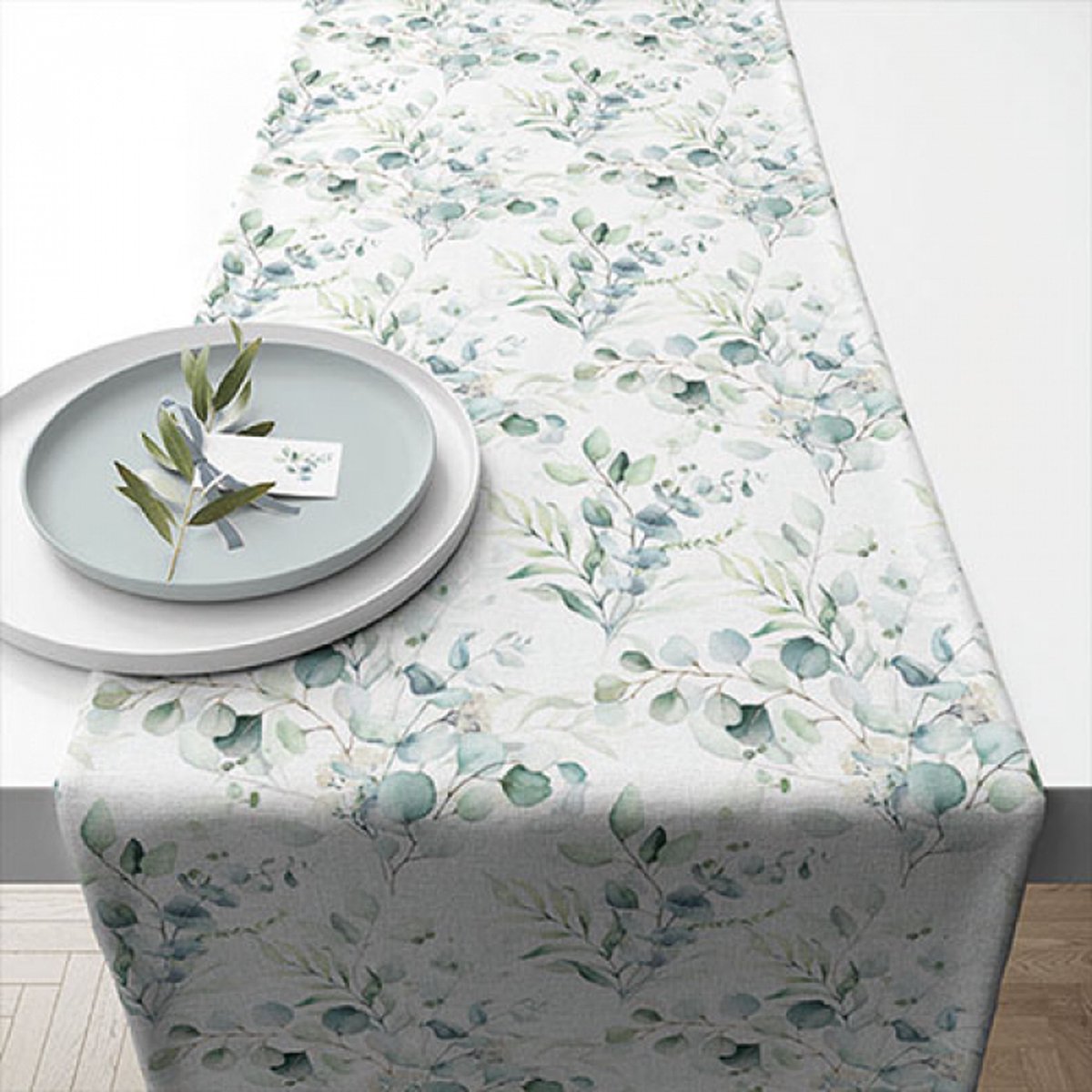Katoenen tafelloper - Eucalyptus all over - 40x150 cm
