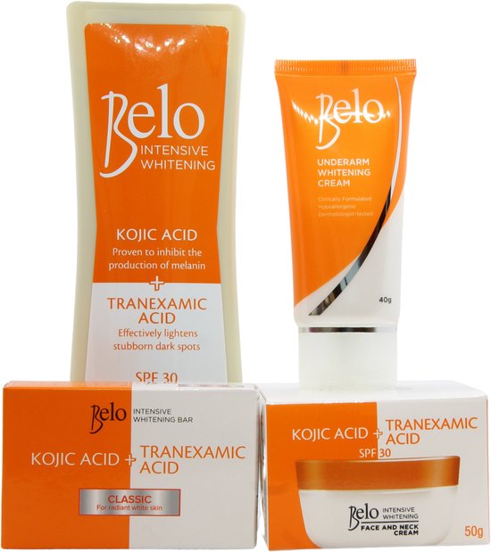 Paquet de Belo avec Belo Intensive Whitening Body Lotion, savon et crème  Face et cou... | bol.com