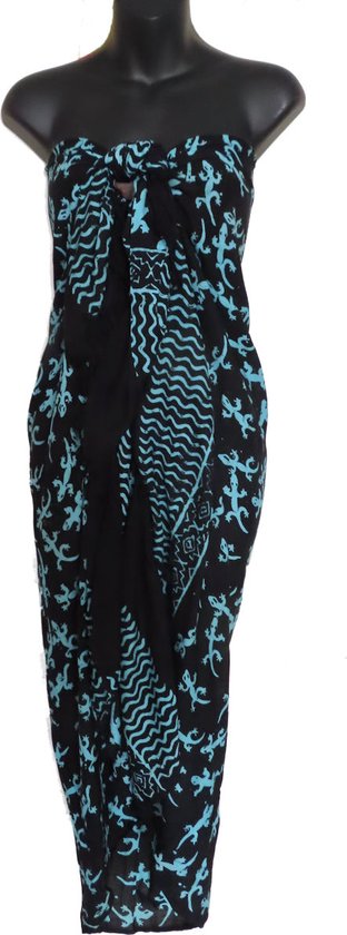 Sarong, pareo, hamamdoek gekko's patroon lengte 115 cm breedte 165 kleuren zwart turquoise versierd met franjes.
