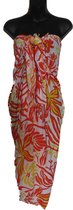 Hamamdoek, pareo, sarong, wikkelrok figuren bloemen patroon lengte 115 cm breedte 165 cm kleuren wit oranje geel versierd met franjes.