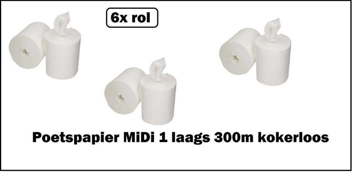 Goedkoopste 6x Poetspapier 1 laags 300m met koker cellulose MiDi