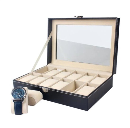 Horlogebox - Zwart Leer - Geschikt voor 12 stuks