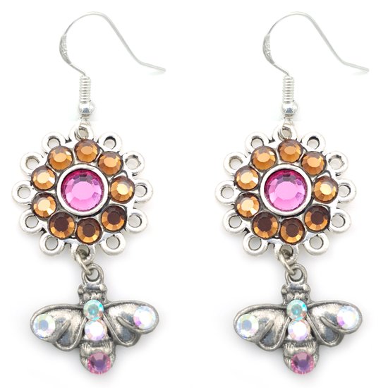 Boucles d'oreilles pendantes d'oreilles avec crochet en argent et pendentif aspect argent vieilli avec éléments en cristal Swarovski fleur et papillon rose et marron