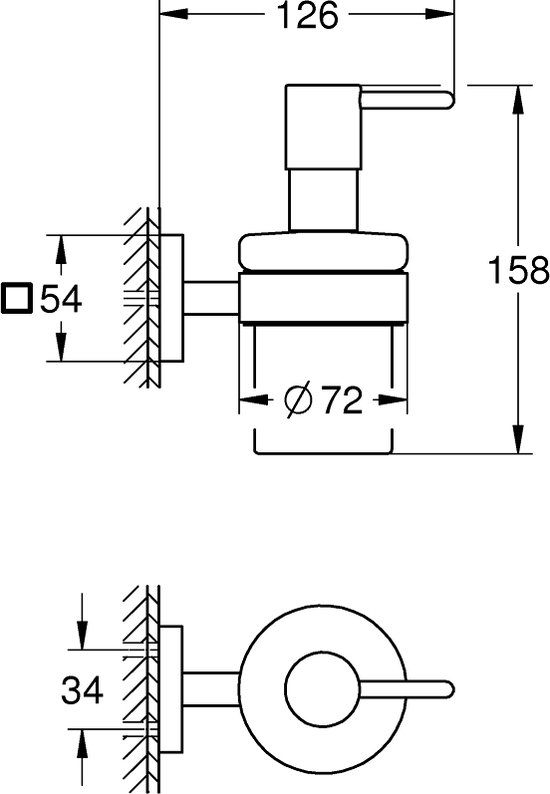 Technische tekening van een zeepdispenser met afmetingen.