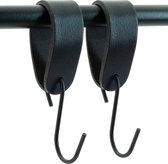 Buffel&Co Ophanghaken- Leren S-haak hangers - Zwart - 2 stuks - 15 x 2,5 cm – Handdoekhaakjes – Kapstokhaak
