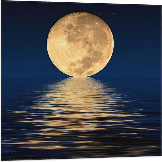 Vlag - Grote Volle Maan in Heldere Nacht Zakkend in de Zee - 80x80 cm Foto op Polyester Vlag