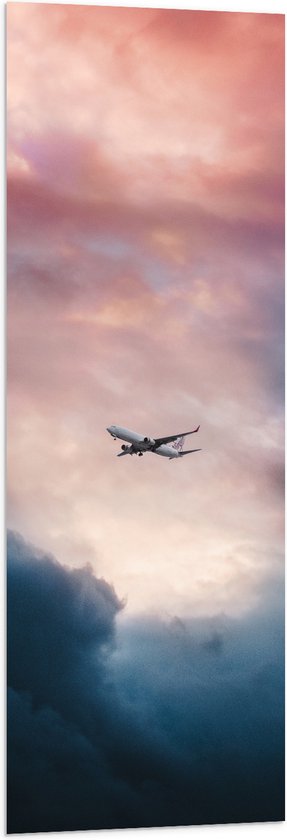 WallClassics - Vlag - Vliegtuig tussen Donkere Onweerswolken - 40x120 cm Foto op Polyester Vlag