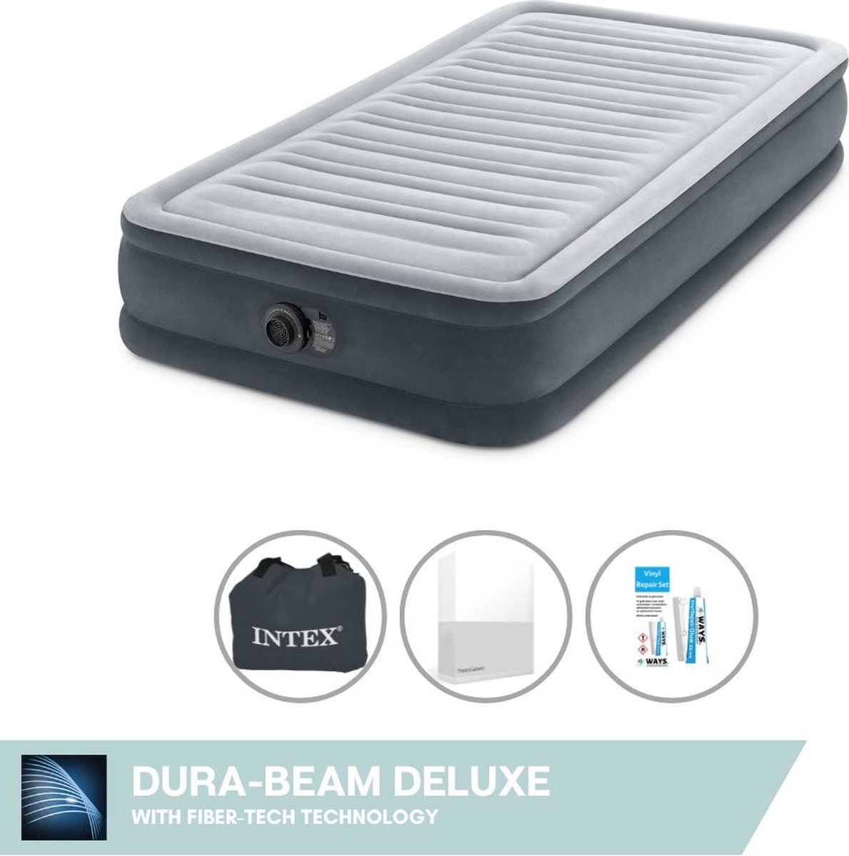 Intex Luchtbedset- 1-Persoons - 99 x 191 x 33 cm - Grijs - Met Ingebouwde pomp + Hoeslaken Wit + Reparatieset