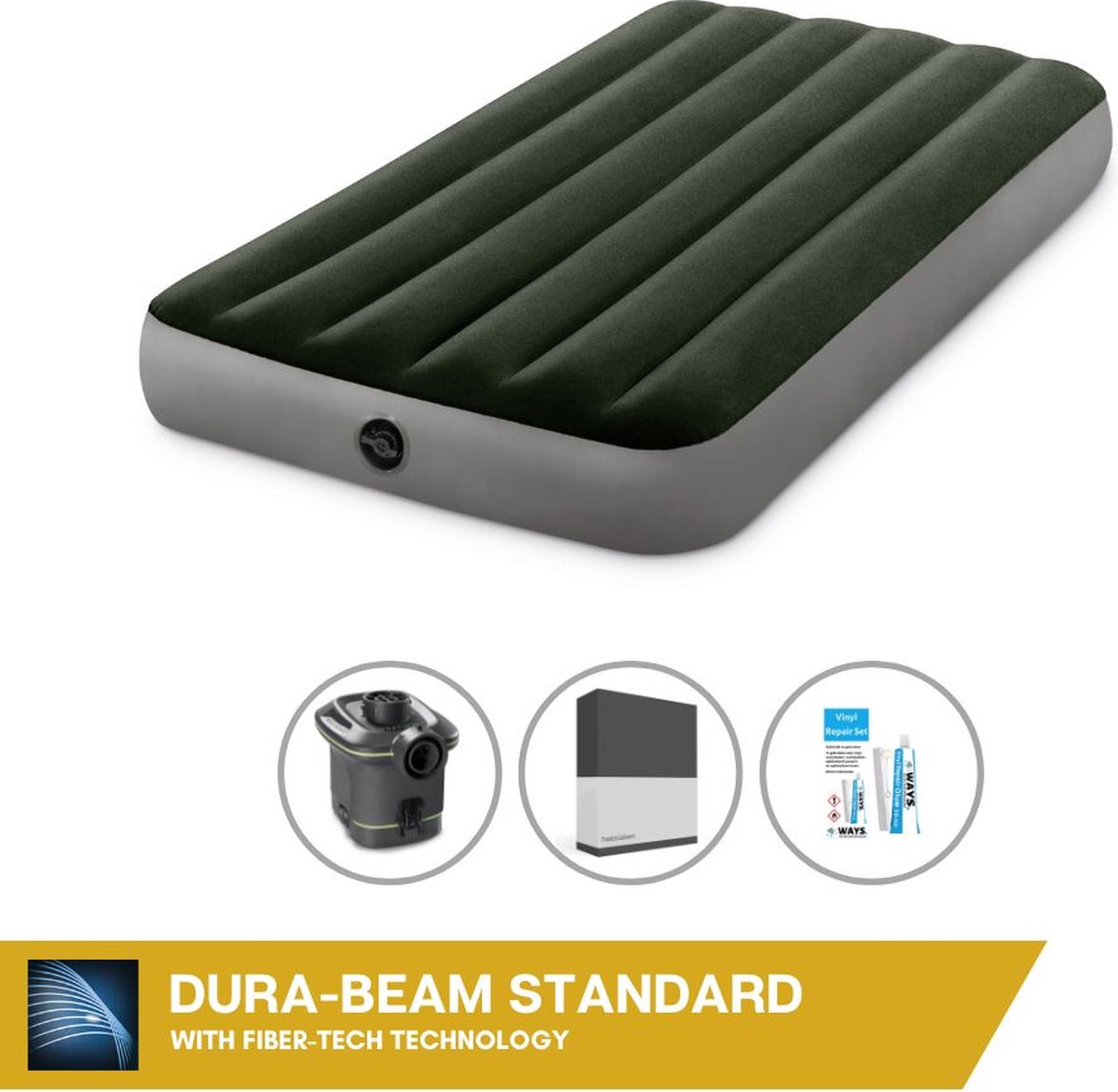 Intex Luchtbed - 1-Persoons - 99 x 191 x 25 cm - Groen - Met pomp + Hoeslaken Zwart + Reparatieset