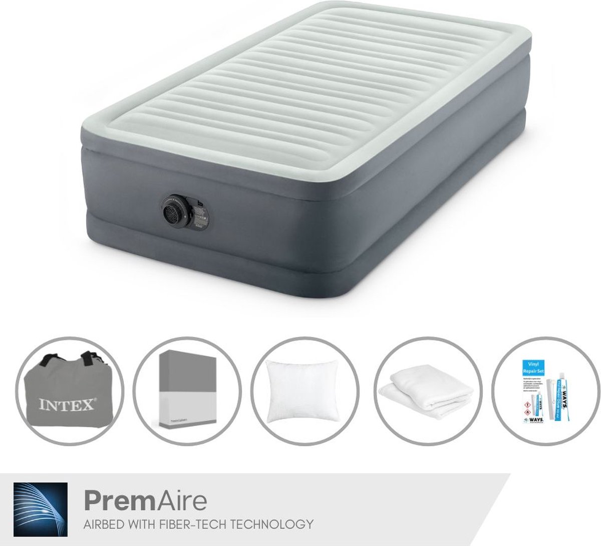 Intex Luchtbedset - 1-Persoons - 99 x 191 x 46 cm - Grijs - Met electrische pomp + Hoeslaken Antraciet + Kussen + Molton 2 in 1 Kussenslopen + Reparatieset