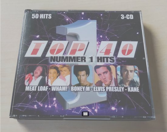 CD-hoes met "TOP 40 NUMMER 1 HITS" en afbeeldingen van Meat Loaf, Wham!, Boney M, Elvis Presley en Kane.