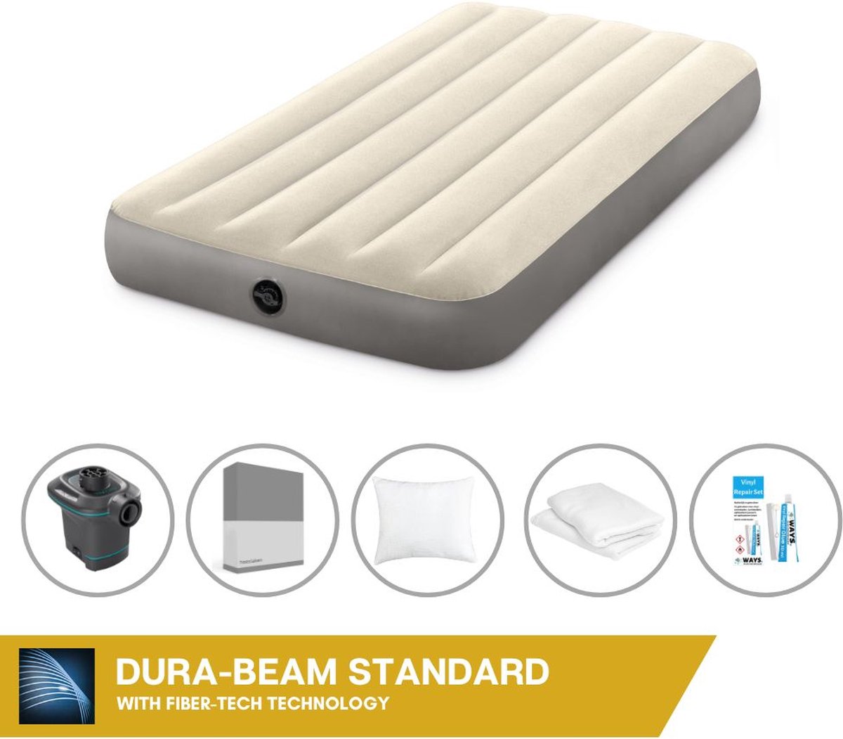 Intex Luchtbed - 1-Persoons - 99 x 191 x 25 cm - Beige - Inclusief Pomp - Hoeslaken - Kussen - Kussenbeschermer en Reparatieset