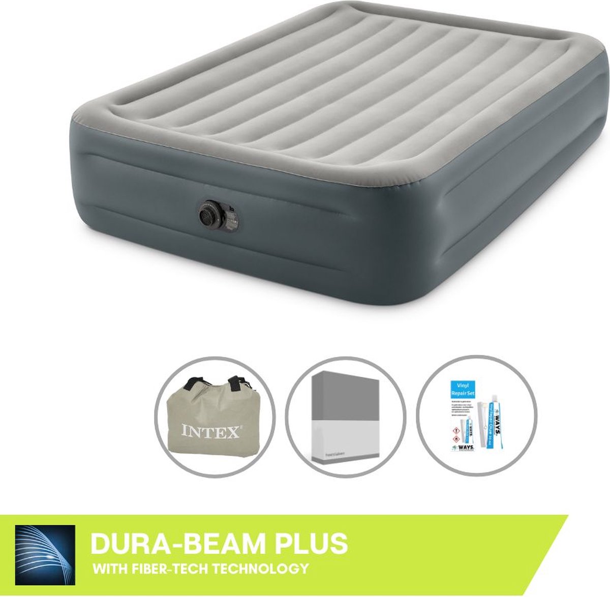 Bol.com Intex Luchtbed - 2-Persoons - 152 x 203 x 46 cm - Grijs - Inclusief pomp - Hoeslaken en Reparatieset aanbieding