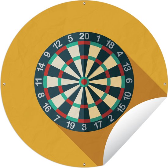 Tuincirkel Een illustratie van een dartbord op een gele muur - 60x60 cm - Ronde Tuinposter - Buiten